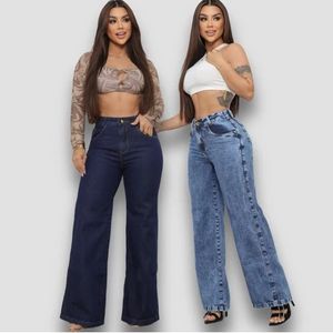 Kit 2 Calças Jeans Wid Leg Cos Alto Aumenta Bumbum Moda Feminina