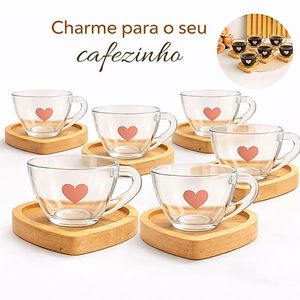Jogo de Xícaras de Café com Pires de Madeira Coração Cantinho do Café Kit Presente Feminino