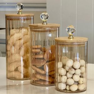 Kit Potes Vidro CANELADO ÂMBAR CRISTAL Porta Mantimentos cozinha Tampa Bambu Argola Dourada PMG porta tempero