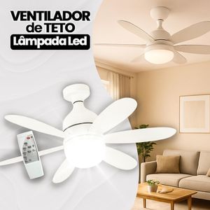 Ventilador Luminária Led 6 Pás 60W Lâmpada Soquete Bocal E27 Teto 3 Cores Luz Branco Amarelo Bivolt