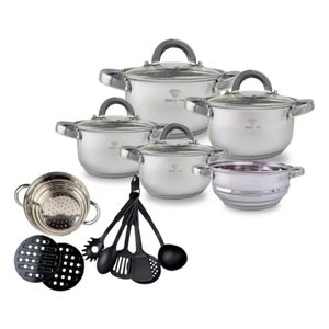 Jogo de Panelas 19 Peças Aço Inox Original + Acessórios com Fundo 3 Camadas Indução e Gás