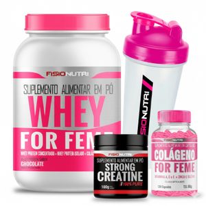 Kit Whey Gourmet Feminino + Colágeno 120 Cápsulas + Creatina 100% Pura 100g + Coqueteleira Fisionutri