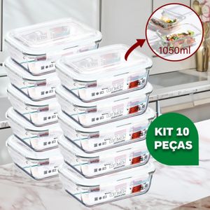 Kit 10 ou 5 Potes Vidro Hermético 1040ml Retangular 4 Travas Marmita Premium