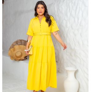 Vestido Plus Size Midi Feminino Manga Curta com Cinto Saia Evasê Crepe Forrado Elegante