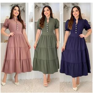 Vestido mídi feminino evangélica com manga princesa com elastex na costas confortável tecido algodão