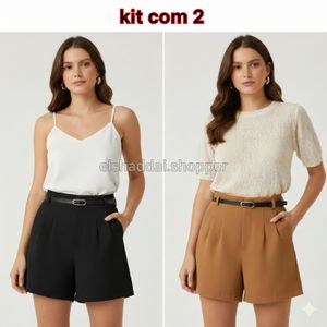 Kit 2 Short Feminino Alfaiataria com Cinto Social cintura alta