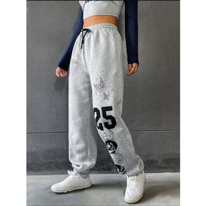 Calças de Moletom Softwear Padrão de Caveira e Letras Cintura Com Cordão