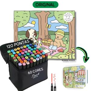 Livro de Colorir Bobbie Goods + Kit 48 Canetinhas Dupla - 20 Desenhos, Capa Mole, A5, Pronta Entrega