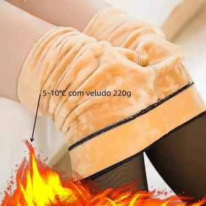 Meia-Calça Térmica Forrada Peluciada Translúcida de Lã Feminina Super Elástica Slim Com Pé