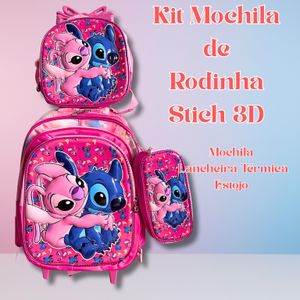 Kit Mochila Infantil de Rodinha Stitch 3D Escolar Menina Lancheira Térmica Estojo Volta as Aulas