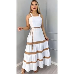 Vestido Longo Liso  Feminina Bicolor com forrto Casual Tecido Duna
