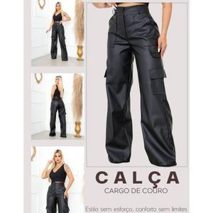 Calça Cargo Couro Pantalona Wide Leg Feminina Cintura Alta Blogueira