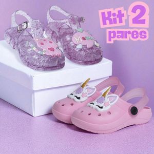 Kit 2 Pares Sandália Infantil Menina Gatinha e Babuche Feminino Unicórnio Confortável