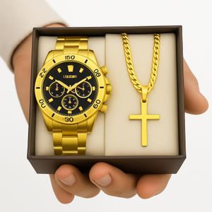 Kit Relógio Masculino Aço Inox + Corrente Cruz e Pulseira – Presente Masculino Luxo Prata Original