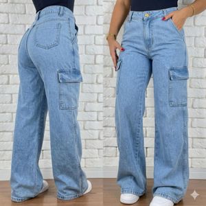 Calça Cargo Jeans Feminina Wide Leg Cintura Alta Levanta Bumbum Bolsos Laterais Modeladora Premium Tendência 2026 ENVIO