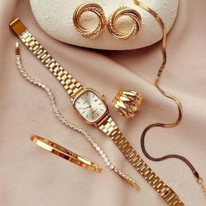 Kit Conjunto Relógio Feminino Dourado com Bracelete Pulseira Brincos e Colar Acessórios Moda relogio