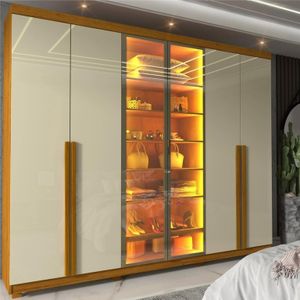 Guarda-roupa Casal 6 Portas com Pés com Led Imperatriz Reflecta 100% MDF Off White/Nature