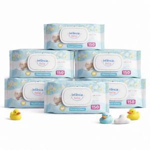 Kit 6 Toalhas Umedecidas Infância Feliz 150 Folhas 98% Água Lenço Umedecido