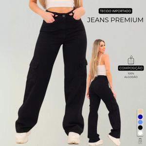 Calça Cargo Feminina Preta Jeans Original  Wide Leg Cintura Alta 34 Ao 44 + 5 Cores