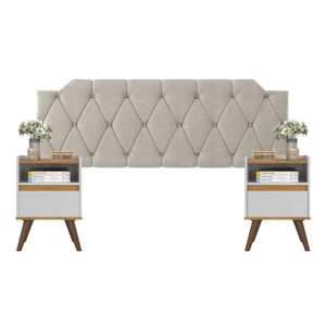 Conjunto Mesa De Cab Com Gaveta + Cabeceira Estofada Box Para Cama Queen