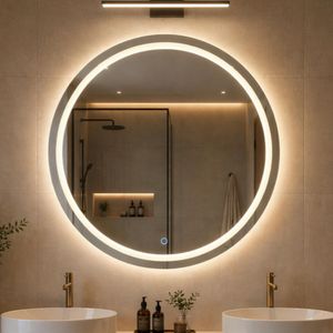 Espelho Redondo 40cm a 60cm Com LED 3 Cores Jateado Lapidado Banheiro Maquiagem Salão de Beleza