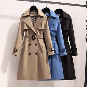 Moda Coreana Vintage Casaco Solto Mola De Outono Pólo De Manga Longa Duplo Peito Alto Midi Windbreaker