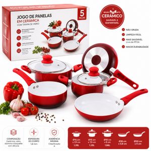 Kit Jogo Panelas Em Cerâmica Tampa De Vidro Frigideira 5 Pçs