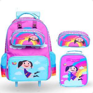 Kit Escolar Mundo da Luna 3 Peças Mochila de Rodinhas + Lancheira + Estojo Infantil Rosa