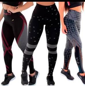 Kit 3 Calças Leggings Sublimadas Yoga Cintura Alta