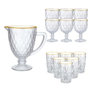 KIT COMPLETO Diamond com borda dourada jarra 1L, 6 Taças 340ML, 6 Copos 370ML