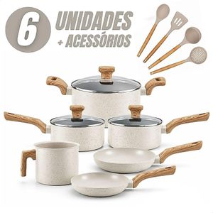 Jogo de Panelas 6 Peças Antiaderentes com Tampa de Vidro Temperada com 4 Utensílios de Cozinha