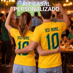 Kit Camiseta Casal Brasil Nome Personalizado 100% Algodão Estampada Copa do Mundo