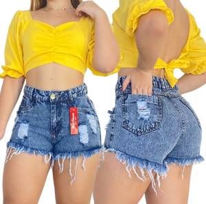 Short Jeans Feminino Cintura Alta Bermuda Cós Alto Desfiado