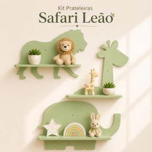 Kit 3 Prateleiras Safari Infantil Leão Girafa Elefante MDF Quarto Bebê