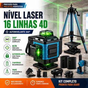 Kit De Nível Laser Verde 16 Linhas 4d Autonivelante Com 2 Baterias e Tripé Completo