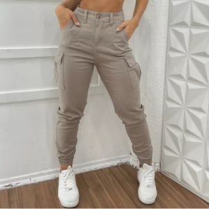 Calça Cargo Jogger Jeans Feminina Cintura Alta Com Lycra
