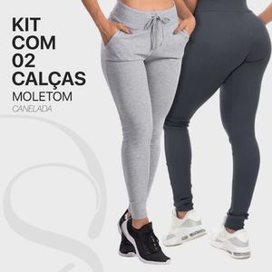 Kit 2 Calça Feminina Cintura Alta Jogger Canelada Tipo Moletom