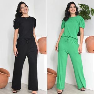 Kit 2 Conjuntos Feminino Blusa Manga Princesa Plissada + Calça Pantalona Cintura Alta Viscolycra Cintura Alta Com Bolso