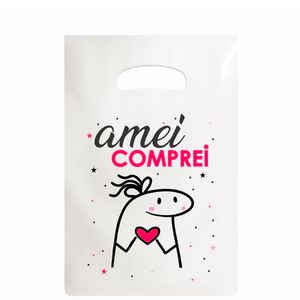 50 sacolas plásticas personalizadas alça vazada ou boca de palhaço com frases