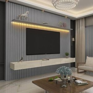 Painel Ripado TV até 85 Polegadas com LED 230cm Nobre Gelius Móveis Cinza/Off White
