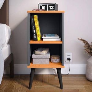 Mesa de Cabeceira Compacta Retrô com Prateleira Charme (Cinza/Cinamomo)